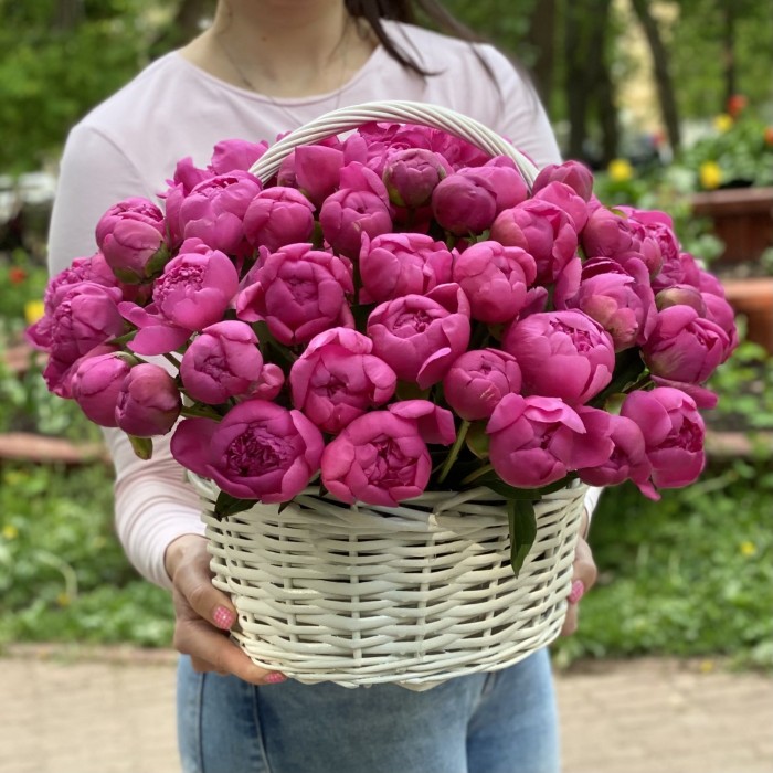 51 малиновый пион Флеминг в корзине